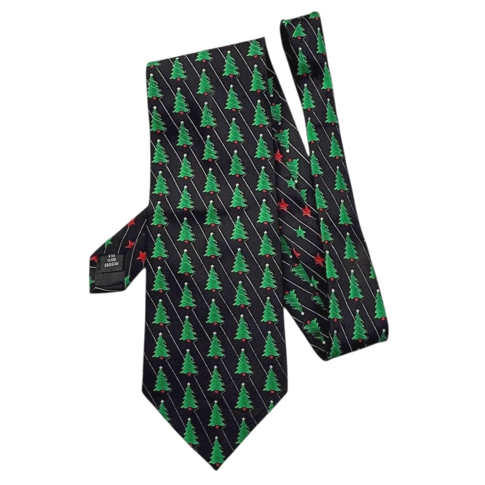 Holidays Black Green Christmas Tree Red Stars Necktie 100% Silk Festive Novelty‎
